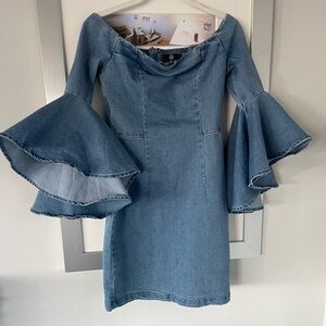 Missguided blue flare frill sleeve bardot denim dress